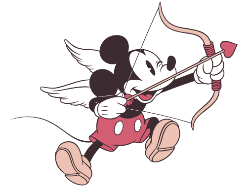 Topolino della Disney vestito da Cupido che scocca una freccia a forma di cuore con un arco.